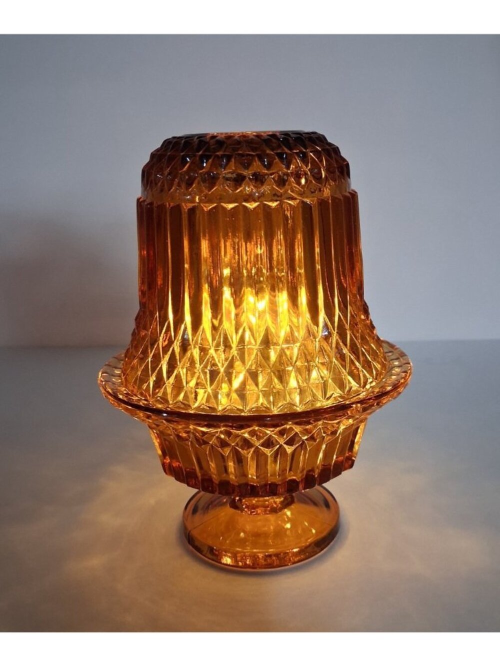 Vintage 1970's Indiana Glass Diamond Point Fairy Lamp Light w/Clear Votive Cup